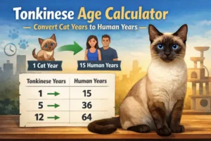 A Tonkinese cat sitting next to a simple chart showing Tonkinese age converted to human years, with bright blue eyes and cream-colored short fur