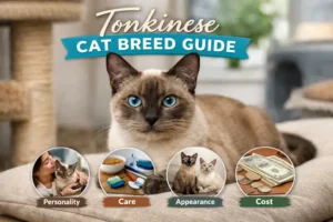 Adult Tonkinese cat with a short, silky mink coat and striking aqua eyes sitting on a cushion in a cozy indoor home setting