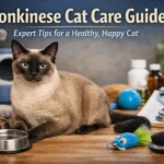 Adult Tonkinese cat with short mink-patterned coat, turquoise eyes, and alert expression, sitting on a table with food bowls, toys, and grooming items