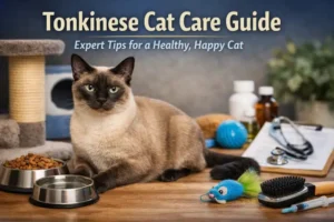 Adult Tonkinese cat with short mink-patterned coat, turquoise eyes, and alert expression, sitting on a table with food bowls, toys, and grooming items