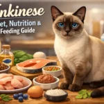 A healthy Tonkinese cat with a short, silky coat eating from a balanced food bowl indoors, showing proper portion and hydration