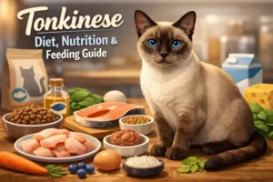 A healthy Tonkinese cat with a short, silky coat eating from a balanced food bowl indoors, showing proper portion and hydration