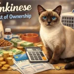 Adult Tonkinese cat sitting indoors, showing short coat, almond-shaped eyes, and medium-sized build