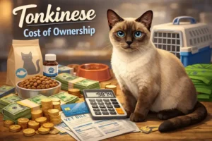 Adult Tonkinese cat sitting indoors, showing short coat, almond-shaped eyes, and medium-sized build