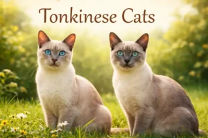 A short-haired Tonkinese cat being gently brushed by its owner, showing its silky coat and relaxed posture during grooming