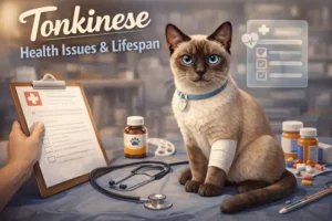 Tonkinese cat health issues and lifespan shown through a healthy adult Tonkinese cat with a short coat and alert expression