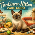 A playful Tonkinese kitten with a short coat exploring a cozy indoor space