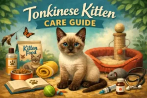 A playful Tonkinese kitten with a short coat exploring a cozy indoor space