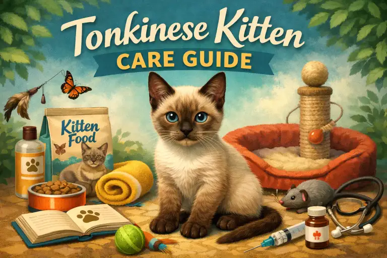 A playful Tonkinese kitten with a short coat exploring a cozy indoor space