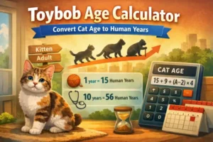 Illustration of a Toybob cat with a chart showing Toybob age compared to human years, including life stages from kitten to senior.