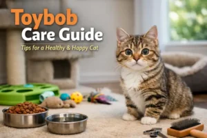 A small, playful Toybob cat with a short soft coat sitting indoors near toys, a cat tree, food and water bowls, looking curious and healthy