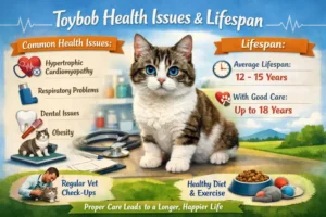 A healthy adult Toybob cat with a bobbed tail and compact body, sitting alert and playful in a cozy indoor setting with toys