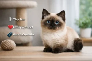 A small Toybob cat with a short bobbed tail and plush cream-colored coat, sitting on a wooden surface indoors, looking calm and curious.