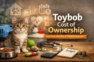 A cute Toybob cat sitting on a table surrounded by toys, food, and vet supplies, illustrating the cost of owning a Toybob.