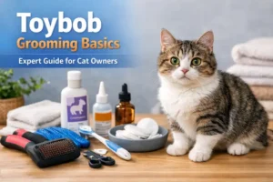 A small Toybob cat with short hair sitting on a table next to grooming tools including brushes, nail clippers, shampoo, and cotton pads, ready for a gentle home grooming session