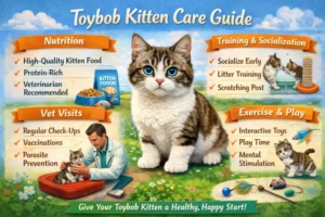 A tiny Toybob kitten playing in a cozy home environment, showing its small size and playful nature