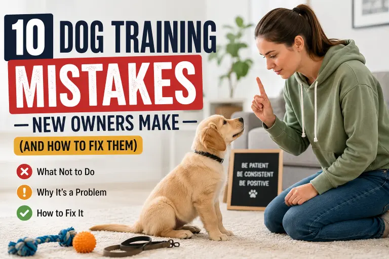 New dog owner training a puppy and learning how to avoid common dog training mistakes