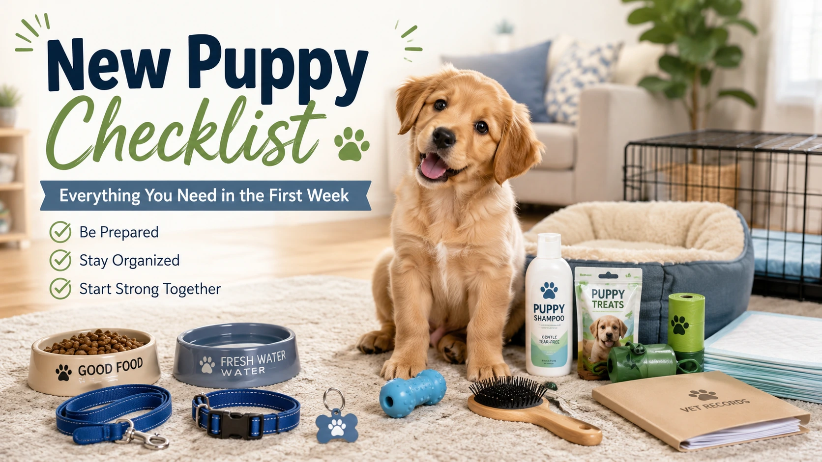 New puppy sitting with first-week essentials including food bowls, leash, collar, puppy pads, toys, grooming brush, shampoo, treats, crate, and vet records.