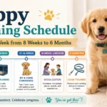 Puppy training schedule infographic showing week-by-week training milestones from 8 weeks to 6 months, including potty training, crate training, commands, socialization, and leash training.