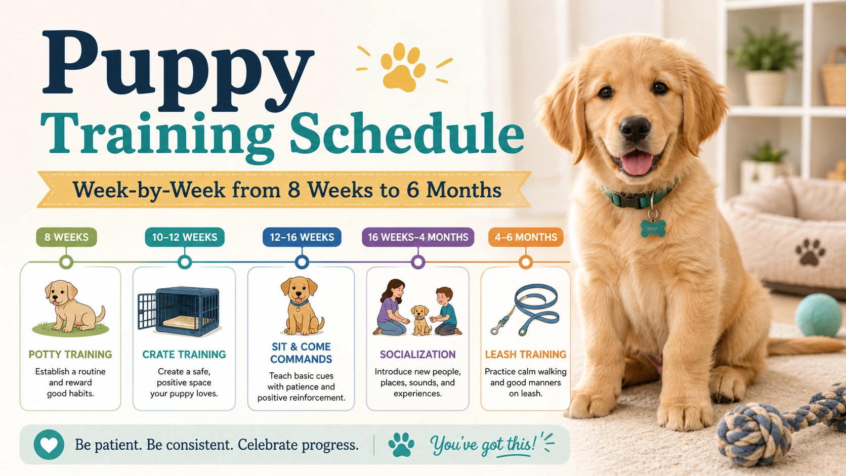 Puppy training schedule infographic showing week-by-week training milestones from 8 weeks to 6 months, including potty training, crate training, commands, socialization, and leash training.
