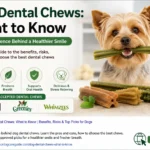 Small dog chewing a dental chew with icons showing plaque reduction, fresher breath, gum health support, and VOHC-approved dental chew guidance.