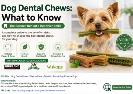 Small dog chewing a dental chew with icons showing plaque reduction, fresher breath, gum health support, and VOHC-approved dental chew guidance.
