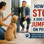 Dog sitting calmly and greeting a visitor without jumping during obedience training