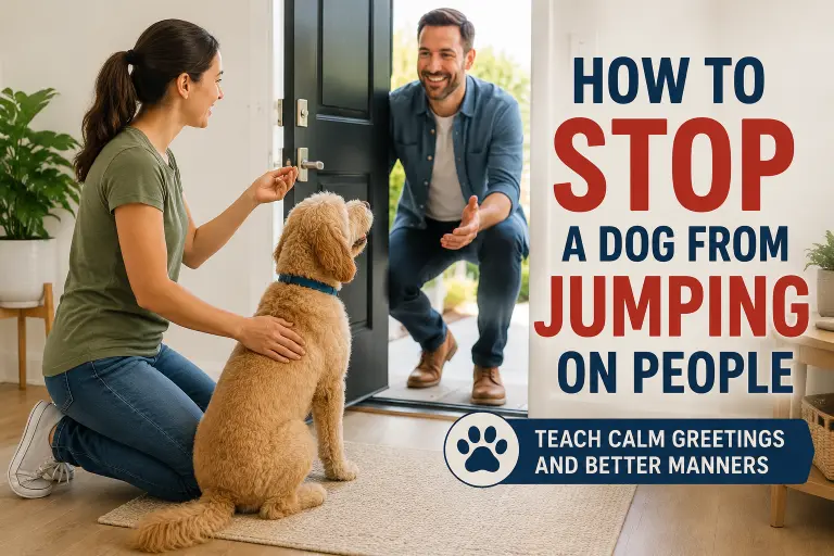 Dog sitting calmly and greeting a visitor without jumping during obedience training