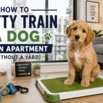 Dog using an indoor potty setup in an apartment during potty training without a yard