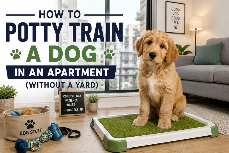 Dog using an indoor potty setup in an apartment during potty training without a yard