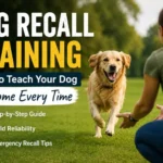 Dog owner practicing recall training with a dog coming when called in an outdoor park