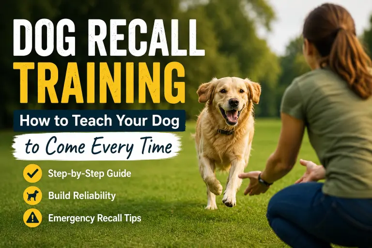 Dog owner practicing recall training with a dog coming when called in an outdoor park