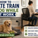 Adult dog resting calmly in a crate at home while owner works, demonstrating crate training while at work