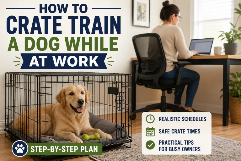 Adult dog resting calmly in a crate at home while owner works, demonstrating crate training while at work