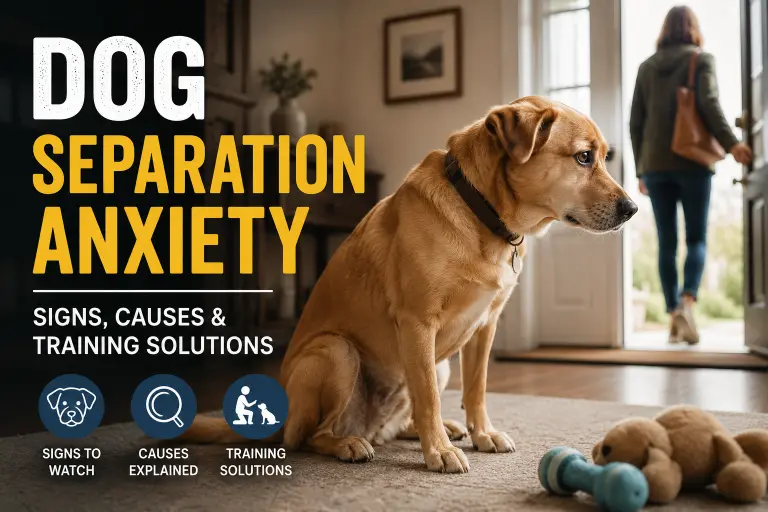 An anxious dog sitting by the front door waiting for its owner after being left home alone