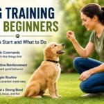 A dog owner teaching basic dog training commands to a dog using positive reinforcement