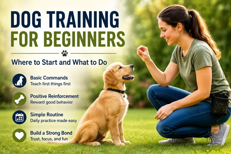 A dog owner teaching basic dog training commands to a dog using positive reinforcement