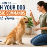 Dog owner teaching a dog basic commands at home using treats