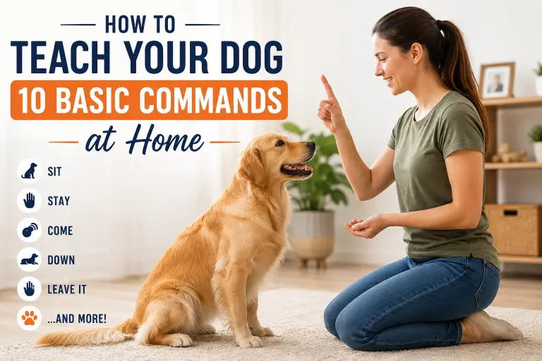 Dog owner teaching a dog basic commands at home using treats
