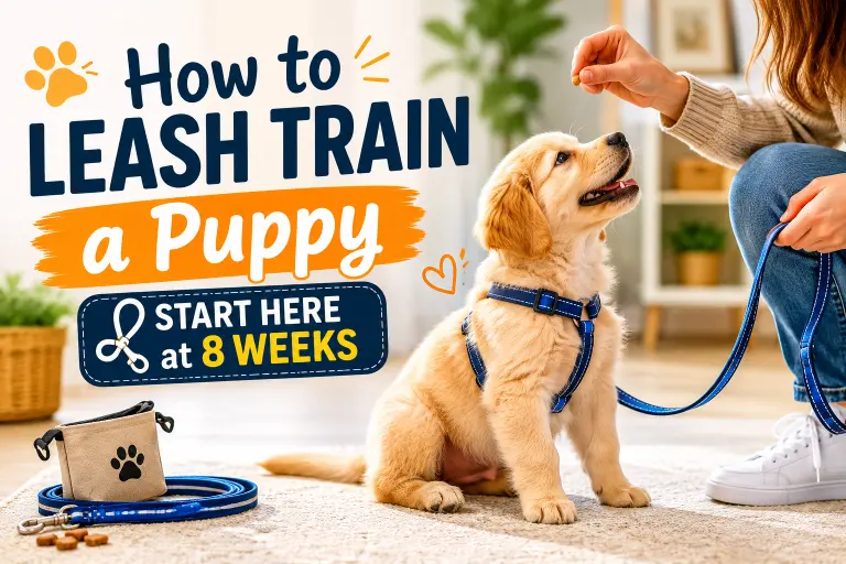 Owner leash training an 8-week-old puppy indoors before its first walk