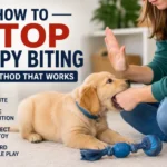 Owner teaching a puppy bite inhibition by redirecting puppy biting behavior to a chew toy during training