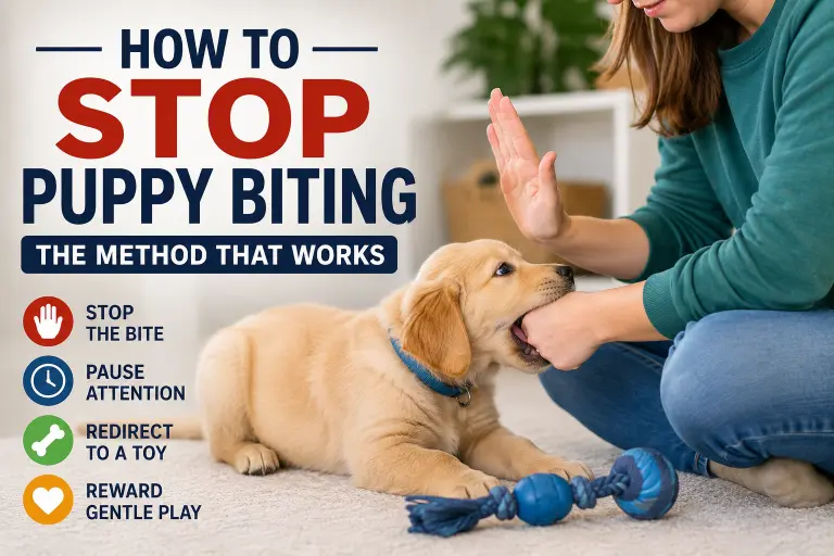 Owner teaching a puppy bite inhibition by redirecting puppy biting behavior to a chew toy during training