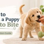 Puppy learning bite inhibition as a person redirects biting to a chew toy during gentle training.