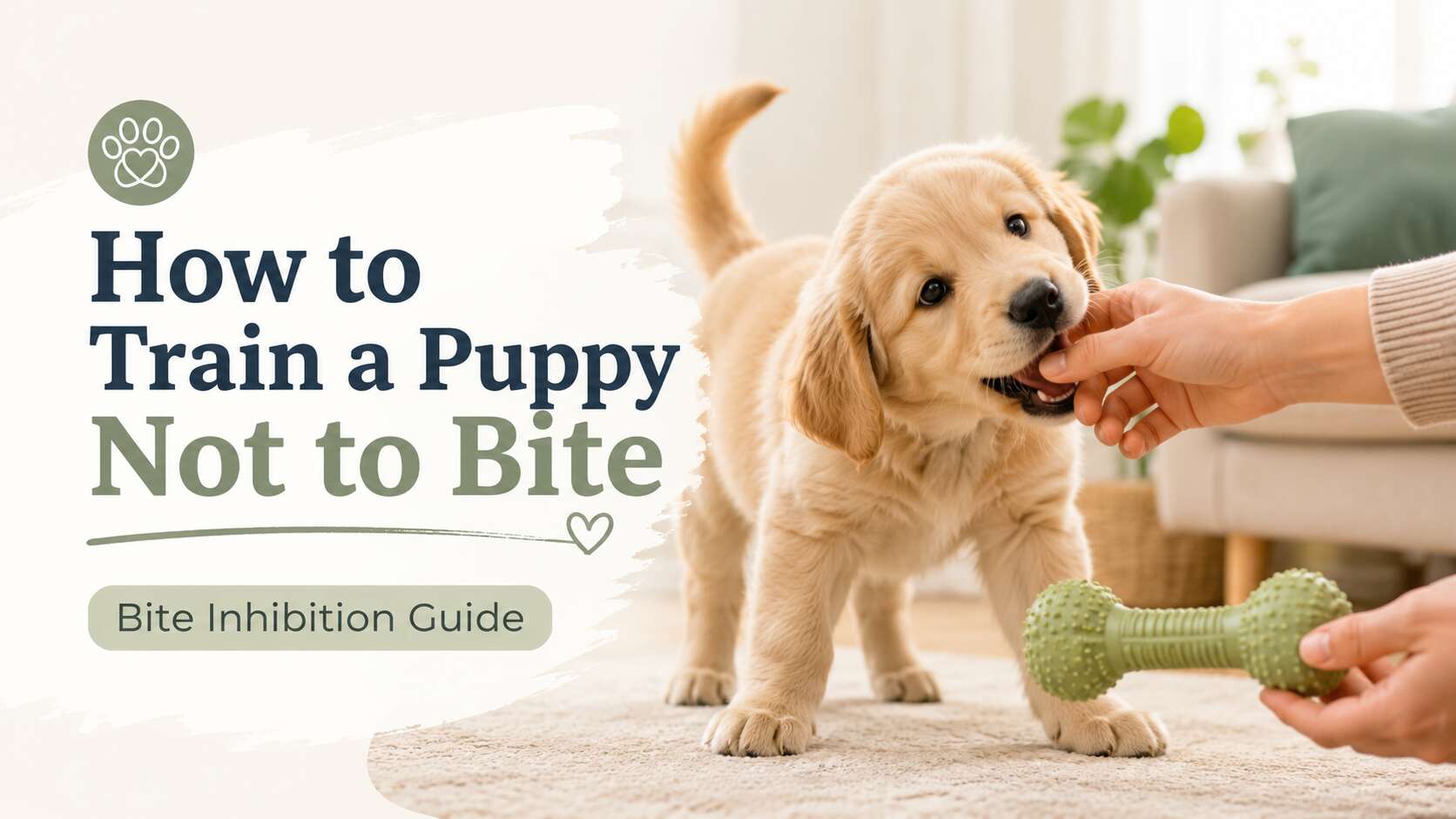 Puppy learning bite inhibition as a person redirects biting to a chew toy during gentle training.