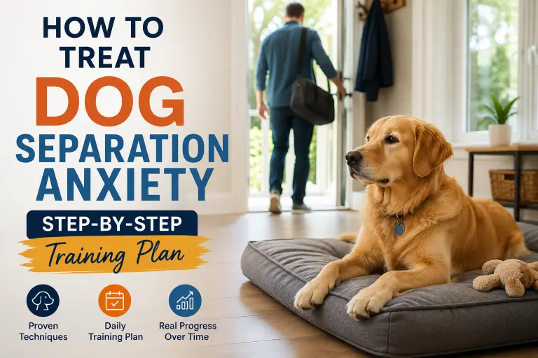 Dog relaxing calmly on a dog bed while owner leaves the house during separation anxiety training