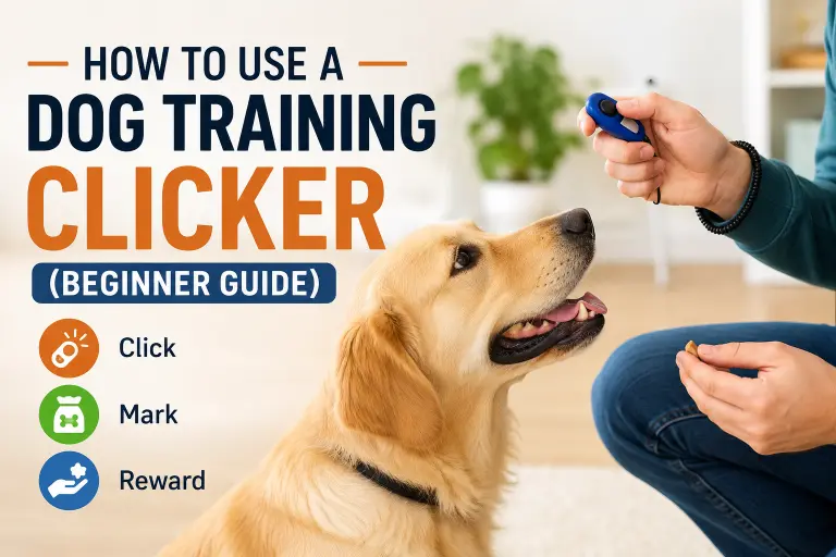 Golden Retriever learning with a dog training clicker during a positive reinforcement training session.