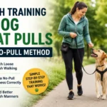 Dog owner teaching loose leash walking to a dog wearing a no-pull harness during a training walk