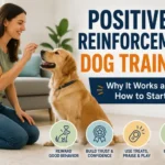 Dog owner rewarding a dog with a treat during positive reinforcement training at home