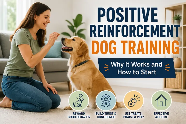 Dog owner rewarding a dog with a treat during positive reinforcement training at home