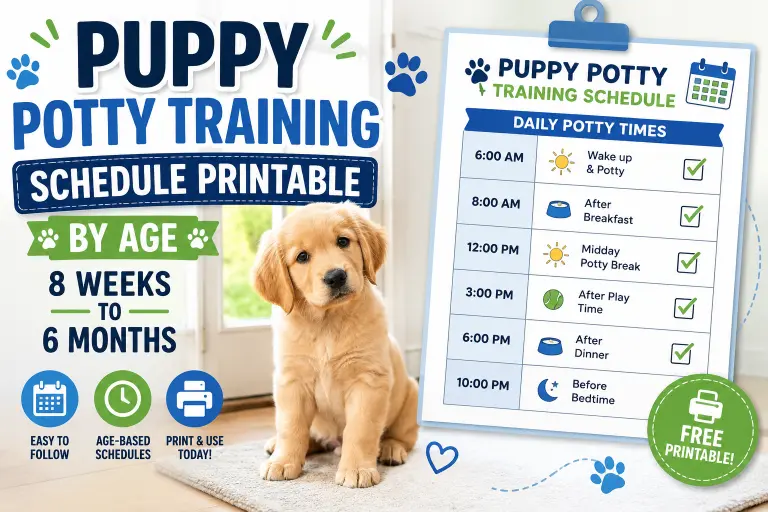 Cute puppy next to a printable potty training schedule chart showing age-based potty times from 8 weeks to 6 months